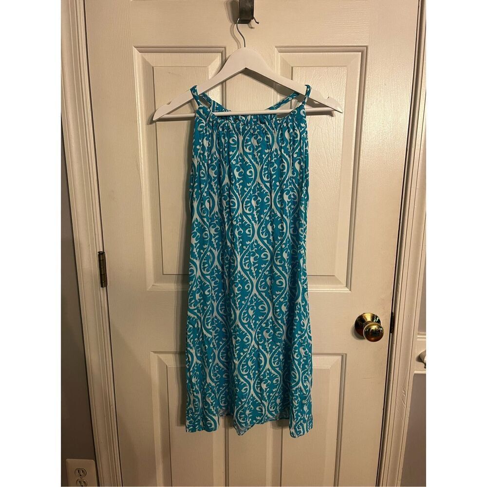 Escapada Aqua & White Adjustable Halter Style Jersey Mini Dress Sz M